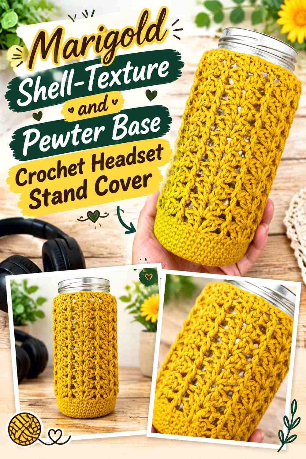 8. Marigold Shell Texture And Pewter Base Crochet Headset Stand Cover