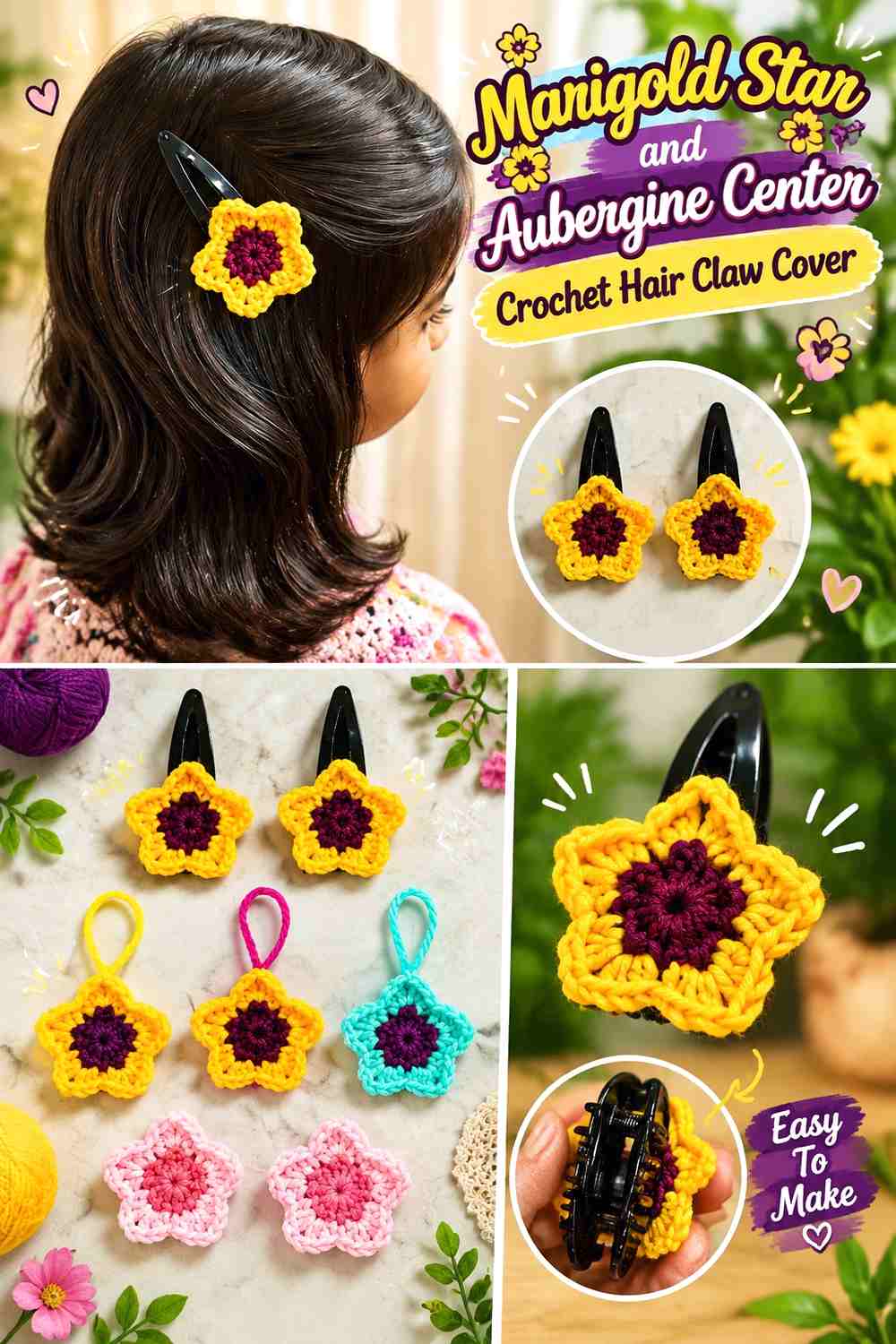 12. Marigold Star And Aubergine Center Crochet Hair Claw Cover