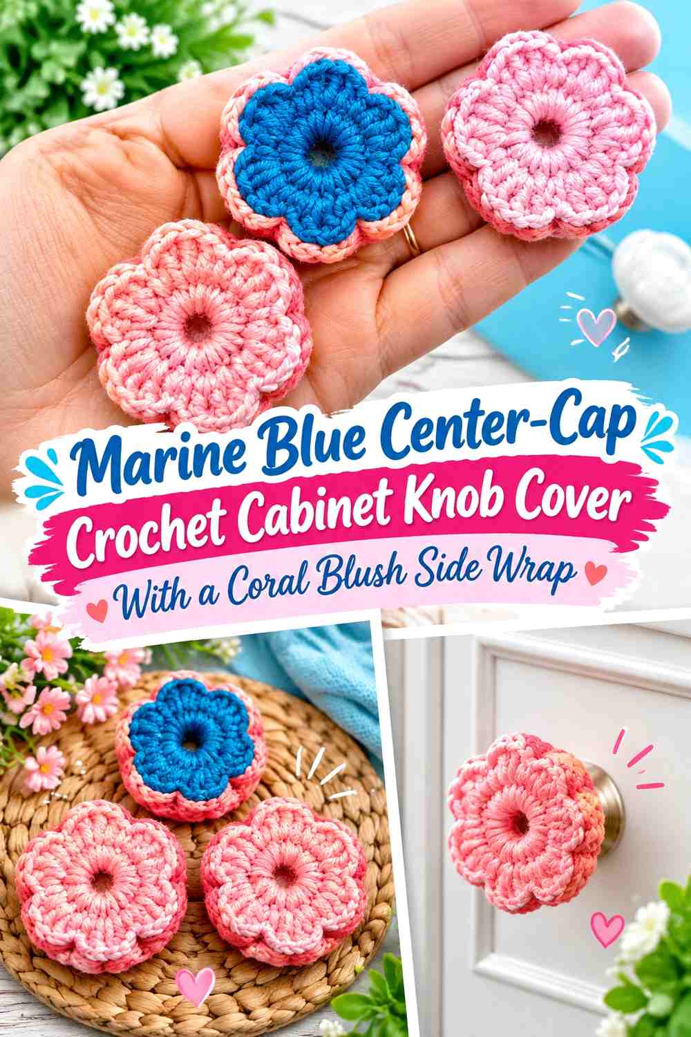 Marine Blue Center-Cap Crochet Cabinet Knob Cover With a Coral Blush Side Wrap