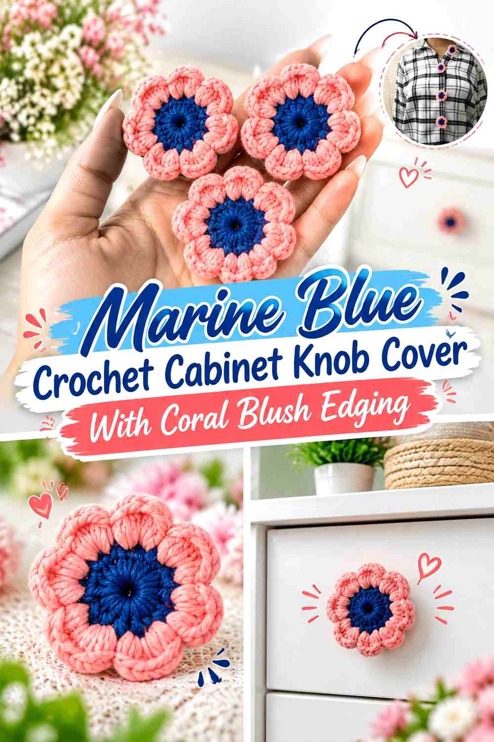 Marine Blue Crochet Cabinet Knob Cover With Coral Blush Edging