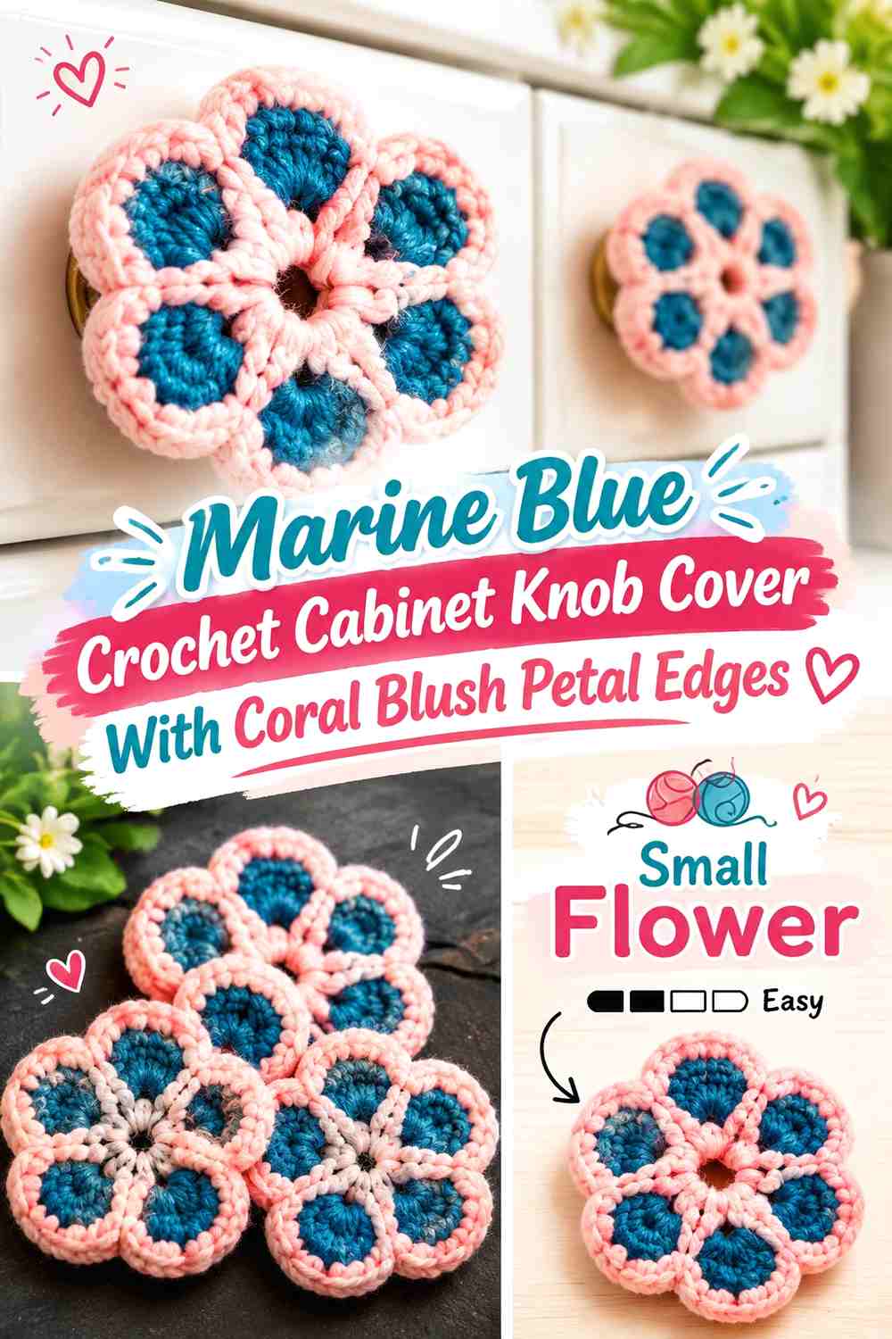 Marine Blue Crochet Cabinet Knob Cover With Coral Blush Petal Edges