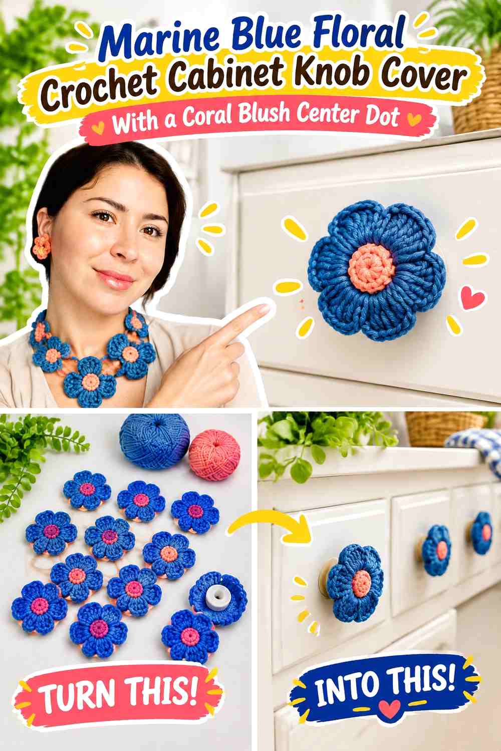 Marine Blue Floral Crochet Cabinet Knob Cover With a Coral Blush Center Dot