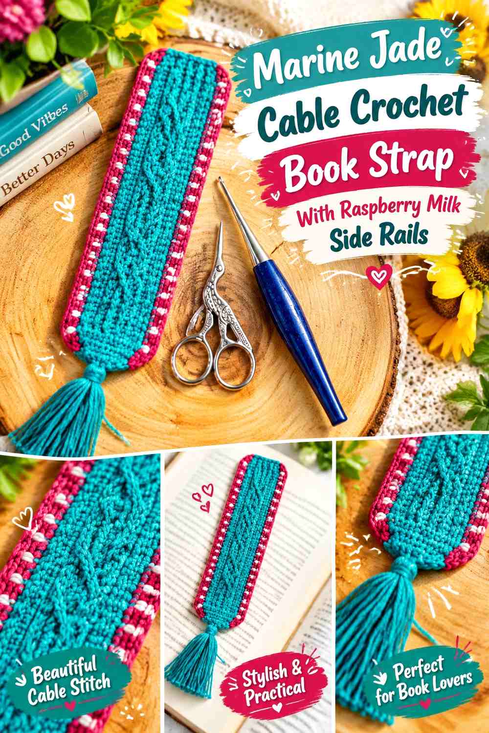 Marine Jade Cable Crochet Book Strap With Raspberry Milk Side Rails