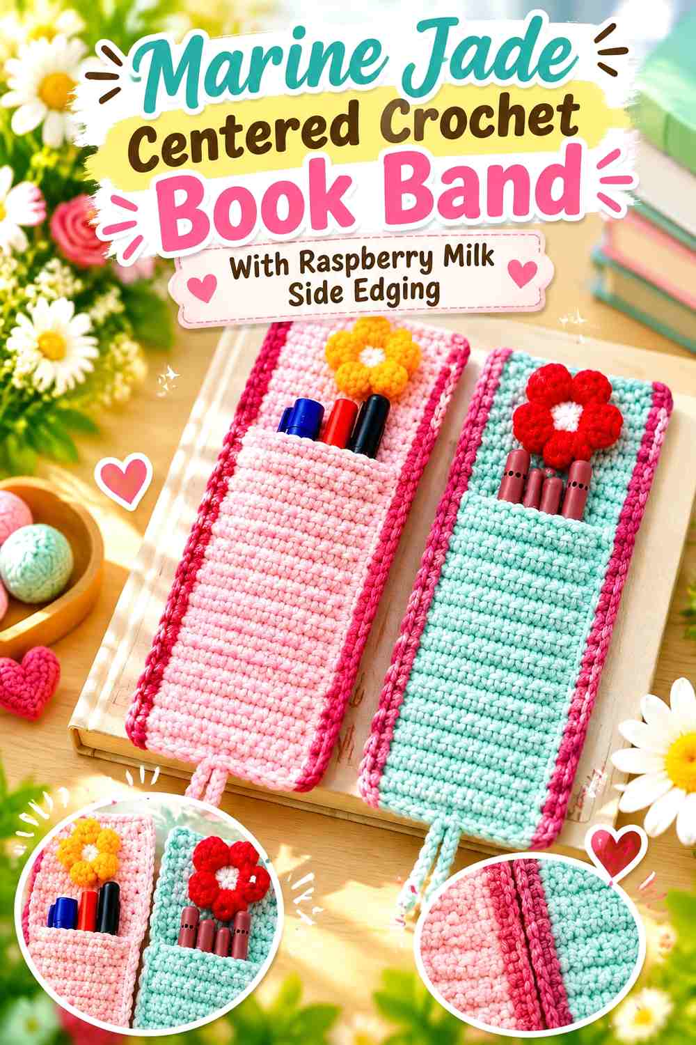 Marine Jade Centered Crochet Book Band With Raspberry Milk Side Edging