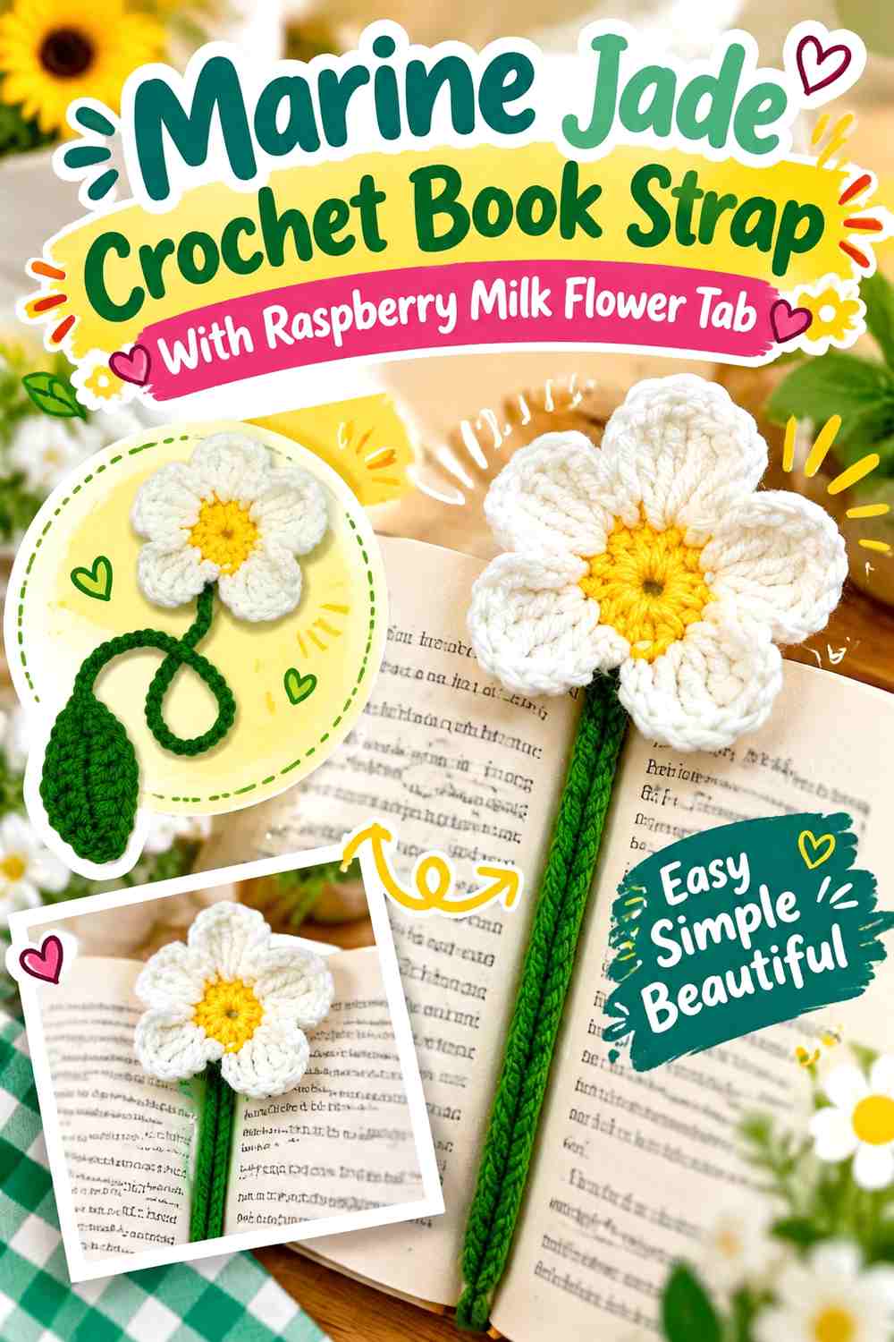 Marine Jade Crochet Book Strap With Raspberry Milk Flower Tab