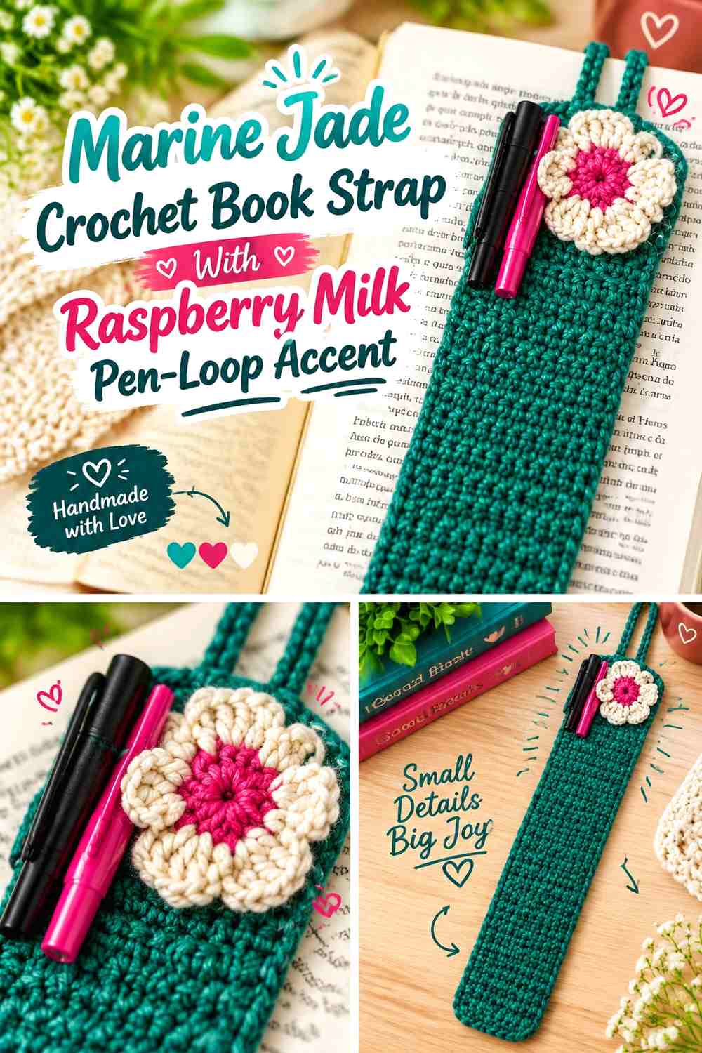 Marine Jade Crochet Book Strap With Raspberry Milk Pen-Loop Accent