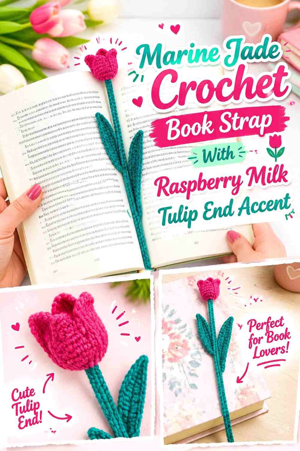 Marine Jade Crochet Book Strap With Raspberry Milk Tulip End Accent