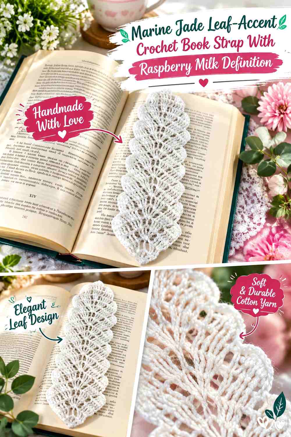 Marine Jade Leaf-Accent Crochet Book Strap With Raspberry Milk Definition