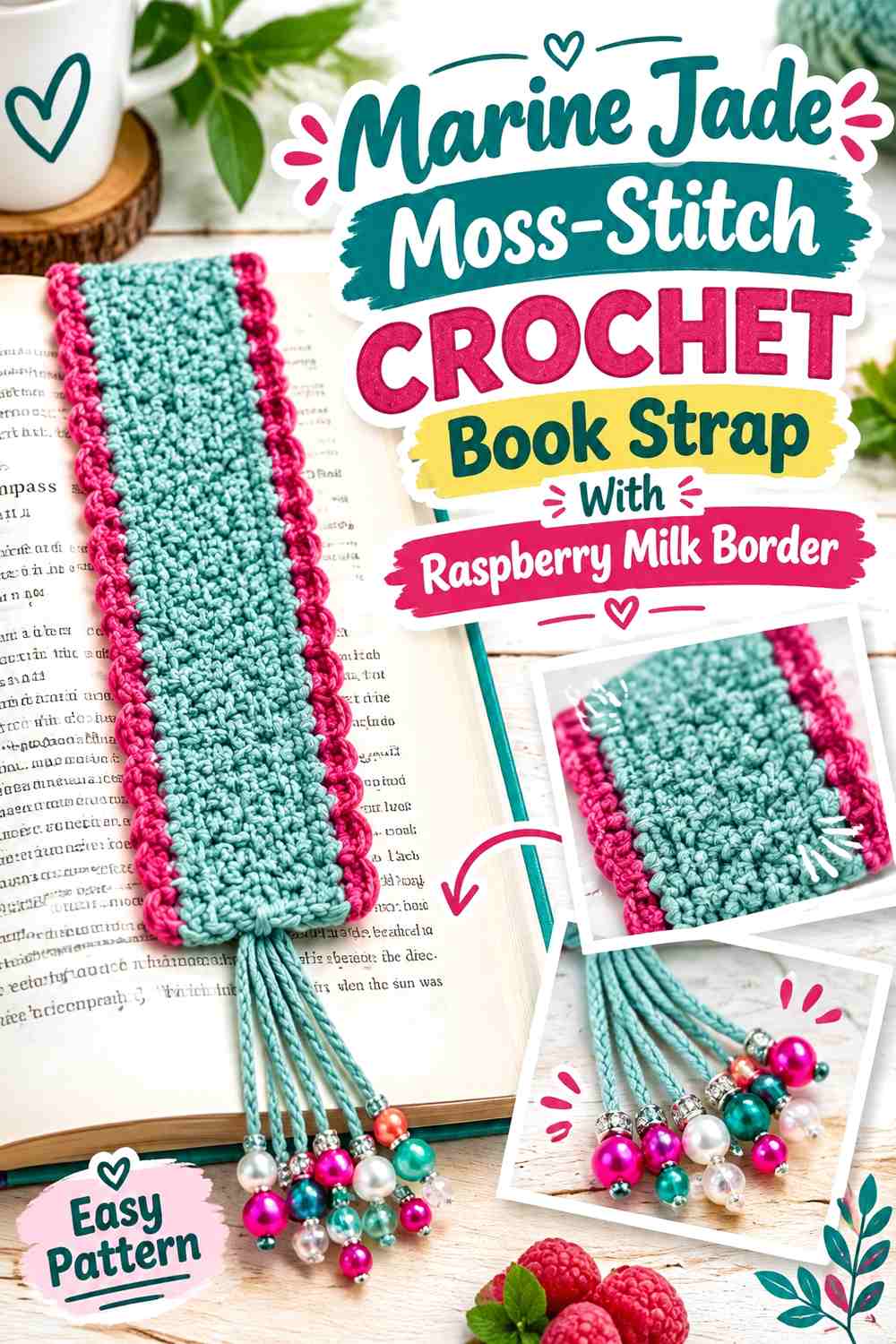 Marine Jade Moss-Stitch Crochet Book Strap With Raspberry Milk Border