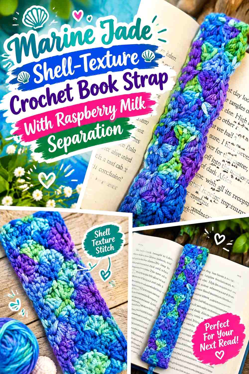 Marine Jade Shell-Texture Crochet Book Strap With Raspberry Milk Separation