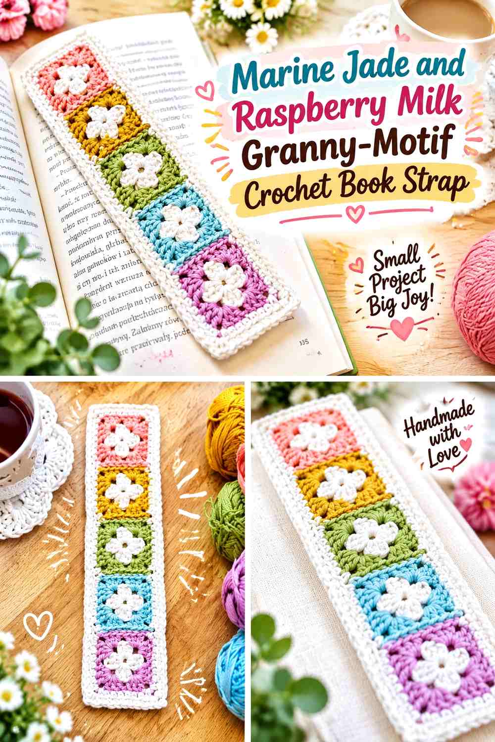 Marine Jade and Raspberry Milk Granny-Motif Crochet Book Strap