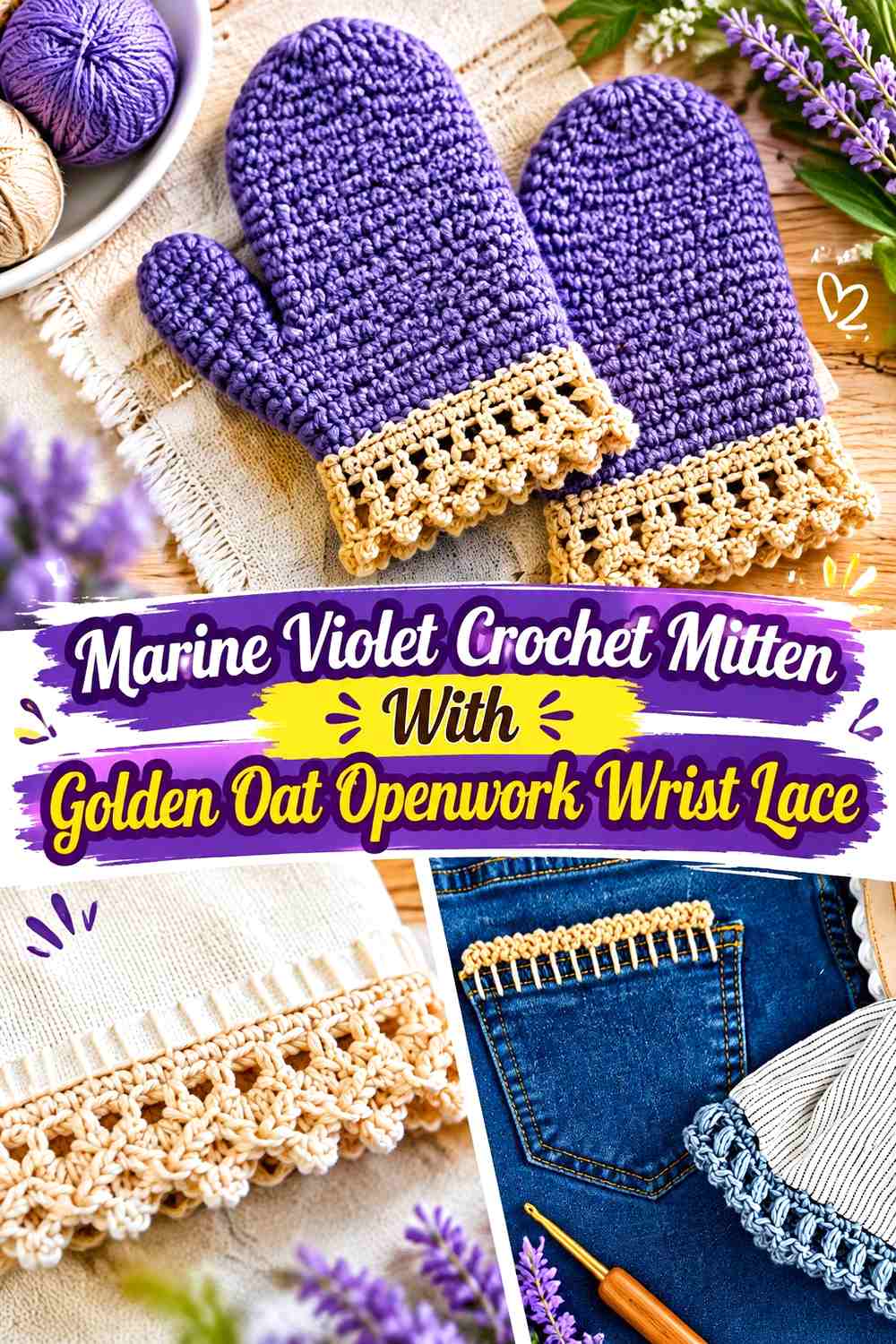 Marine Violet Crochet Mitten With Golden Oat Openwork Wrist Lace