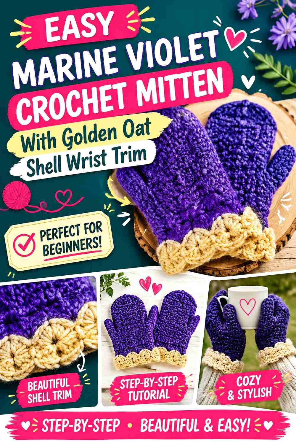 Marine Violet Crochet Mitten With Golden Oat Shell Wrist Trim