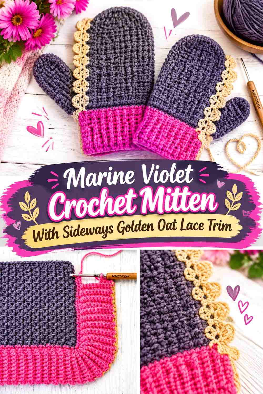 Marine Violet Crochet Mitten With Sideways Golden Oat Lace Trim