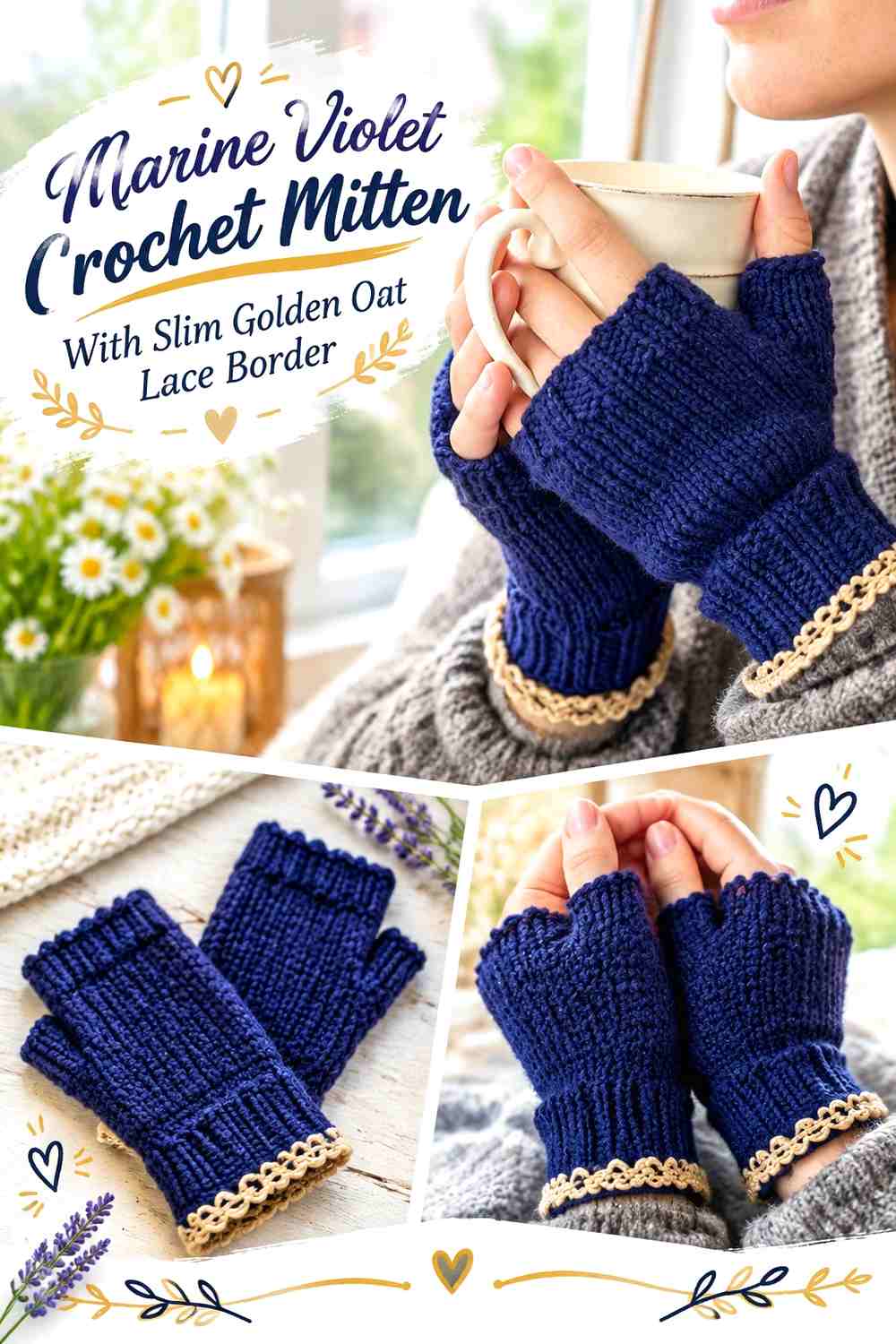 Marine Violet Crochet Mitten With Slim Golden Oat Lace Border