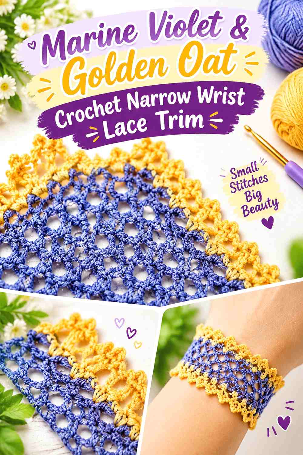 Marine Violet & Golden Oat Crochet Narrow Wrist Lace Trim