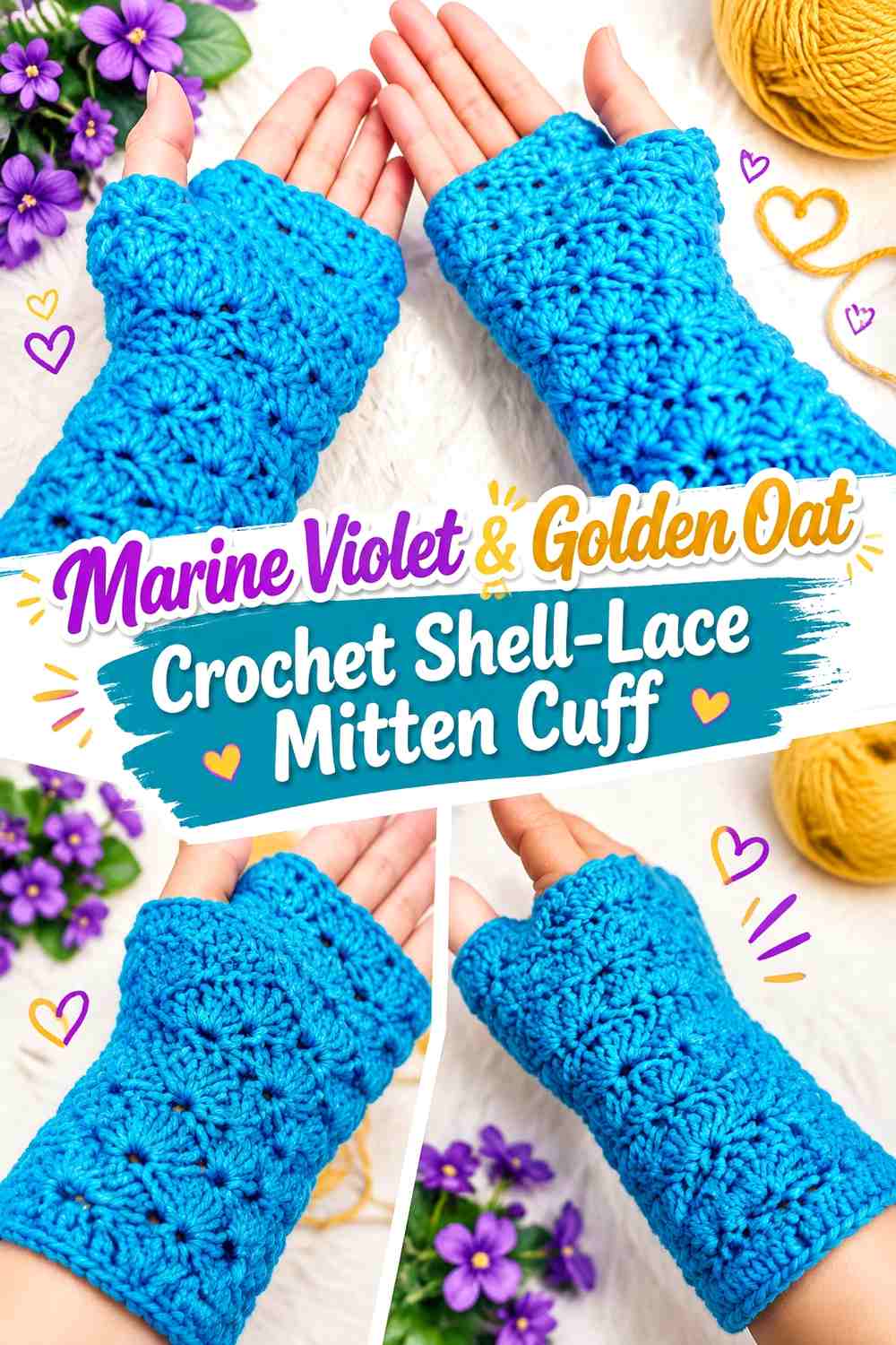 Marine Violet & Golden Oat Crochet Shell-Lace Mitten Cuff