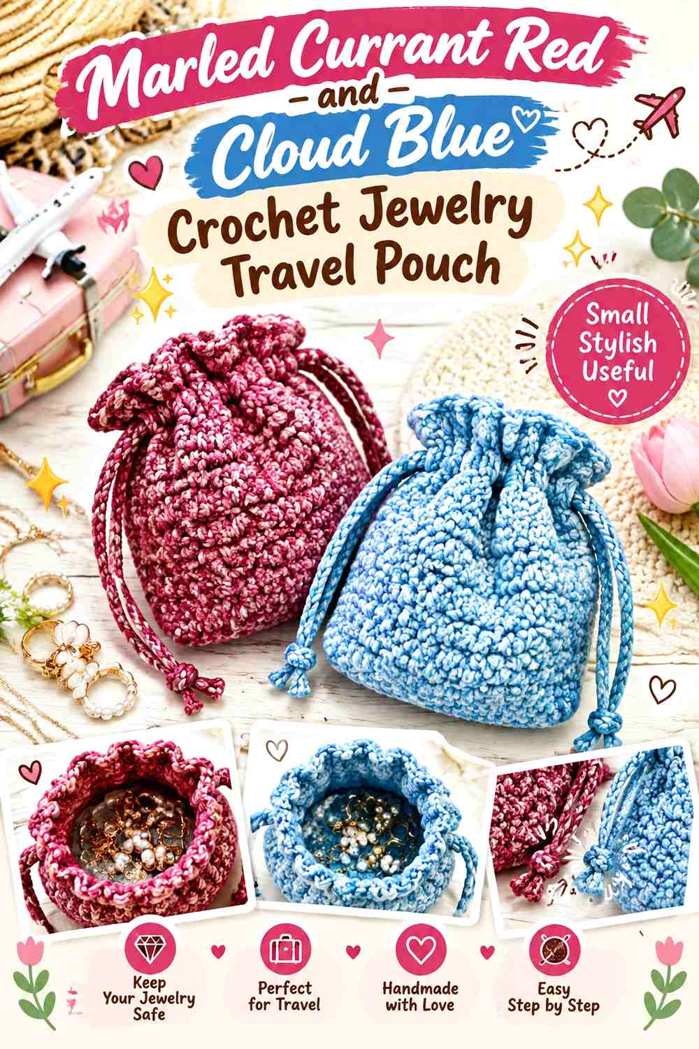 Marled Currant Red and Cloud Blue Crochet Jewelry Travel Pouch
