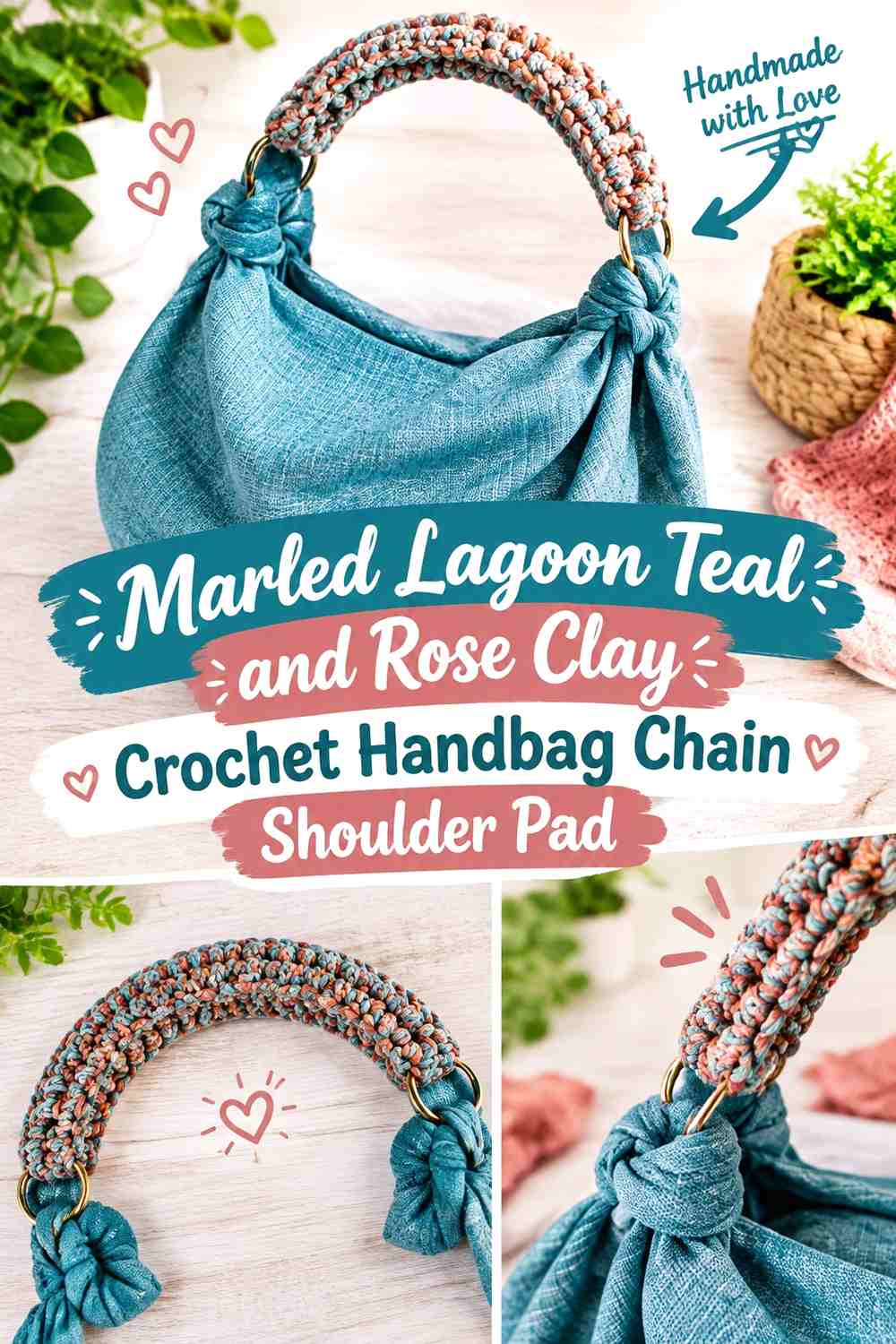 Marled Lagoon Teal and Rose Clay Crochet Handbag Chain Shoulder Pad