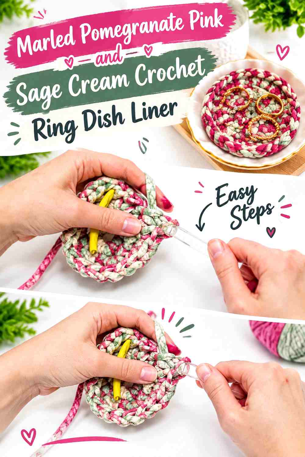 Marled Pomegranate Pink and Sage Cream Crochet Ring Dish Liner