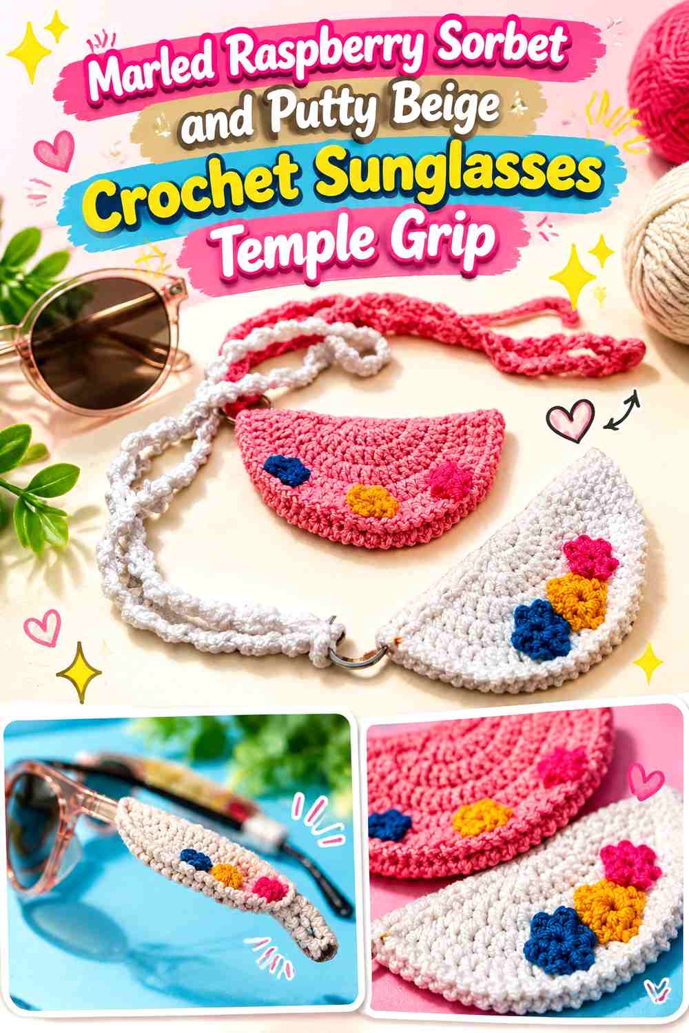 Marled Raspberry Sorbet and Putty Beige Crochet Sunglasses Temple Grip