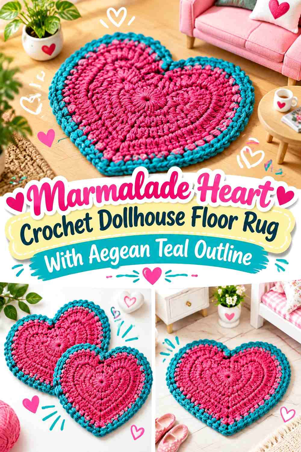 Marmalade Heart Crochet Dollhouse Floor Rug With Aegean Teal Outline