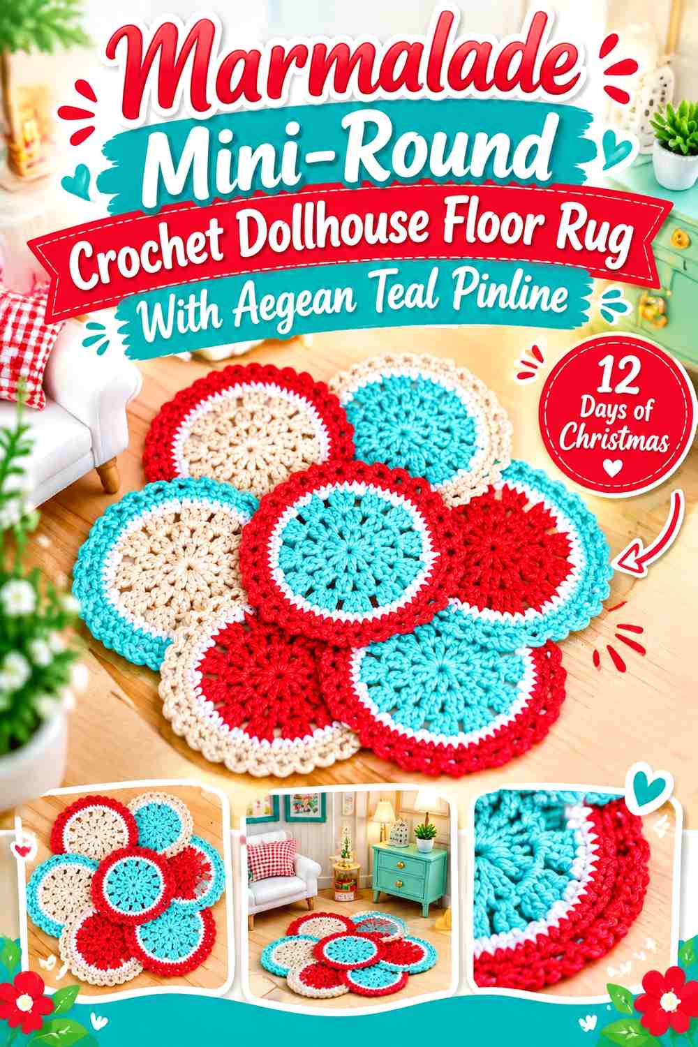 Marmalade Mini-Round Crochet Dollhouse Floor Rug With Aegean Teal Pinline