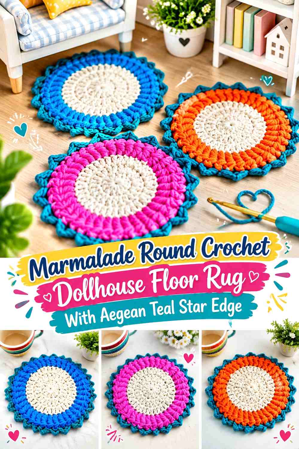 Marmalade Round Crochet Dollhouse Floor Rug With Aegean Teal Star Edge