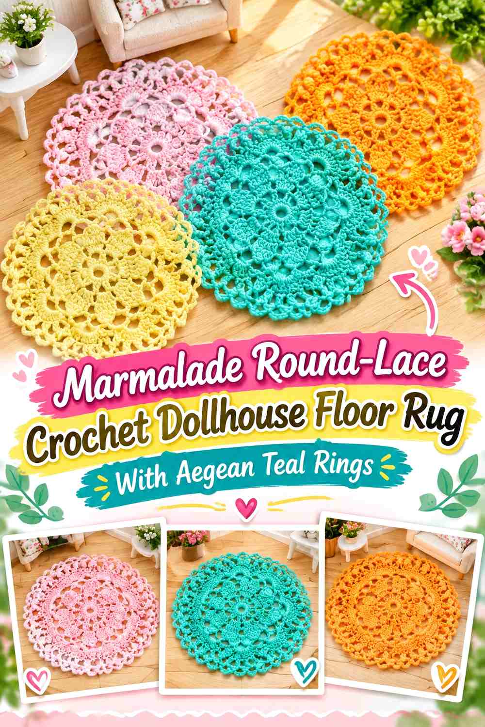 Marmalade Round-Lace Crochet Dollhouse Floor Rug With Aegean Teal Rings