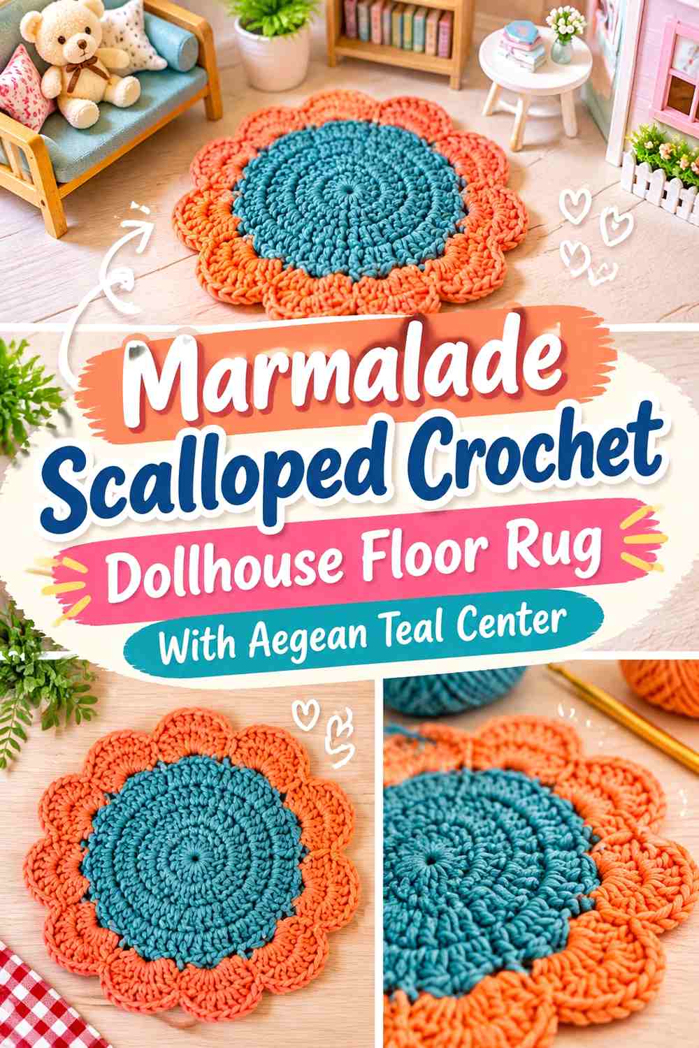 Marmalade Scalloped Crochet Dollhouse Floor Rug With Aegean Teal Center