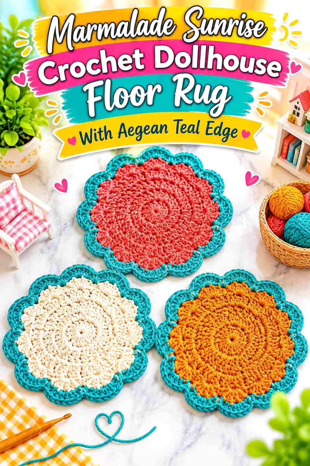 Marmalade Sunrise Crochet Dollhouse Floor Rug With Aegean Teal Edge