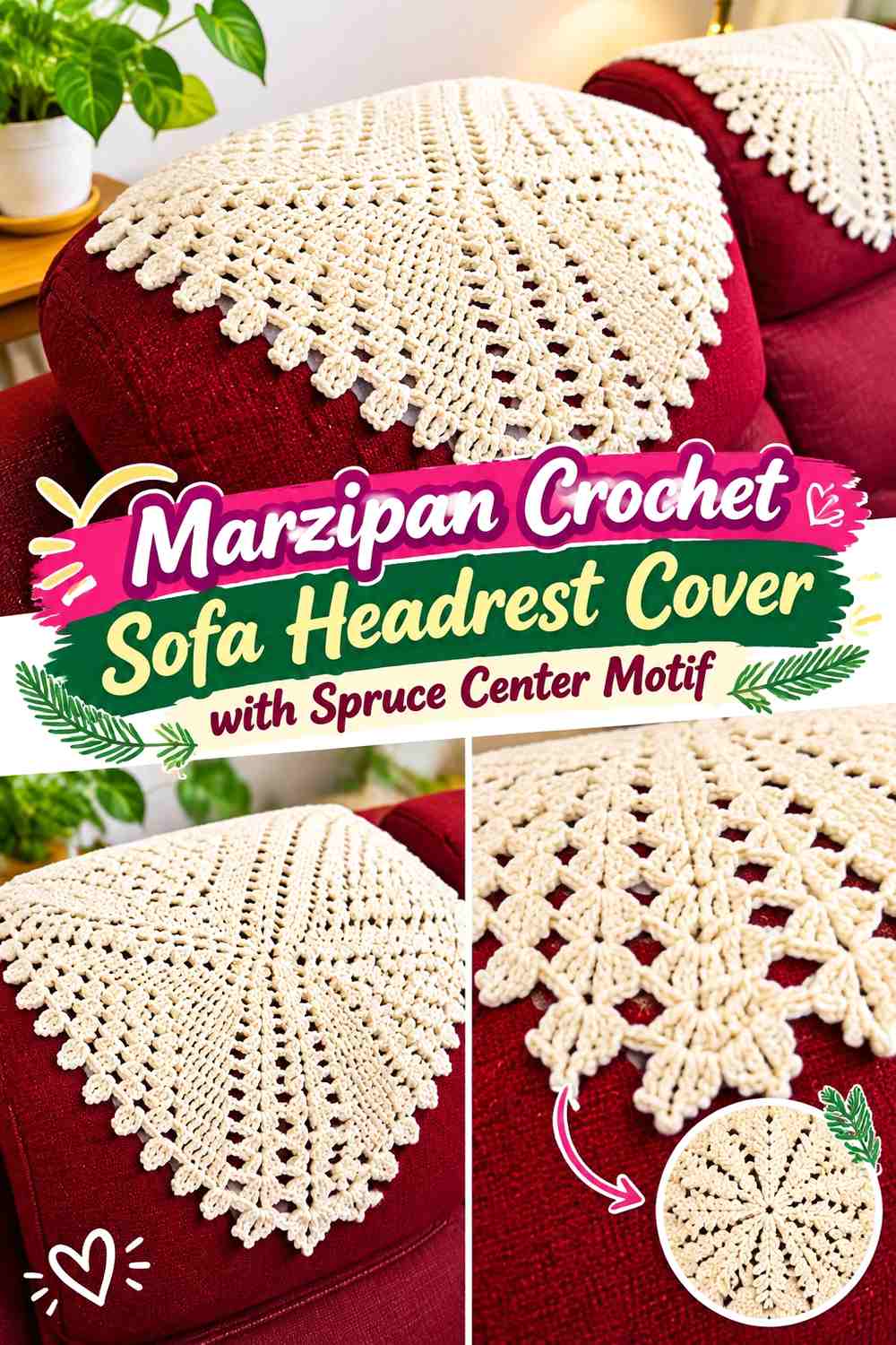 Marzipan Crochet Sofa Headrest Cover with Spruce Center Motif