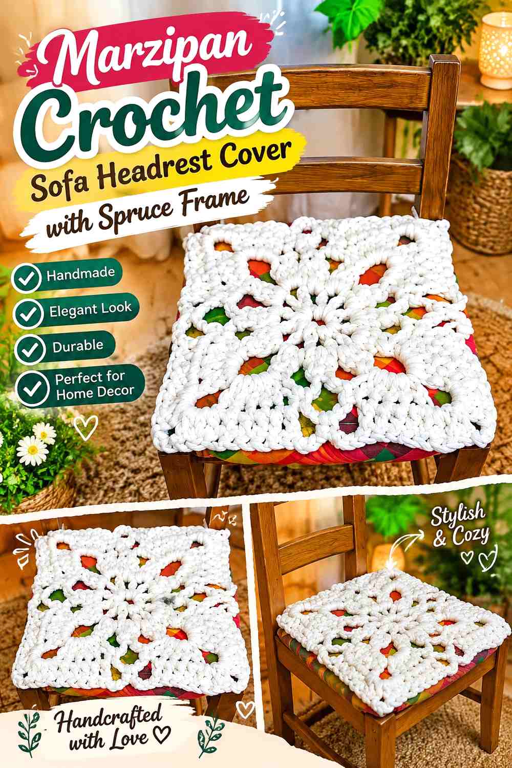 Marzipan Crochet Sofa Headrest Cover with Spruce Frame
