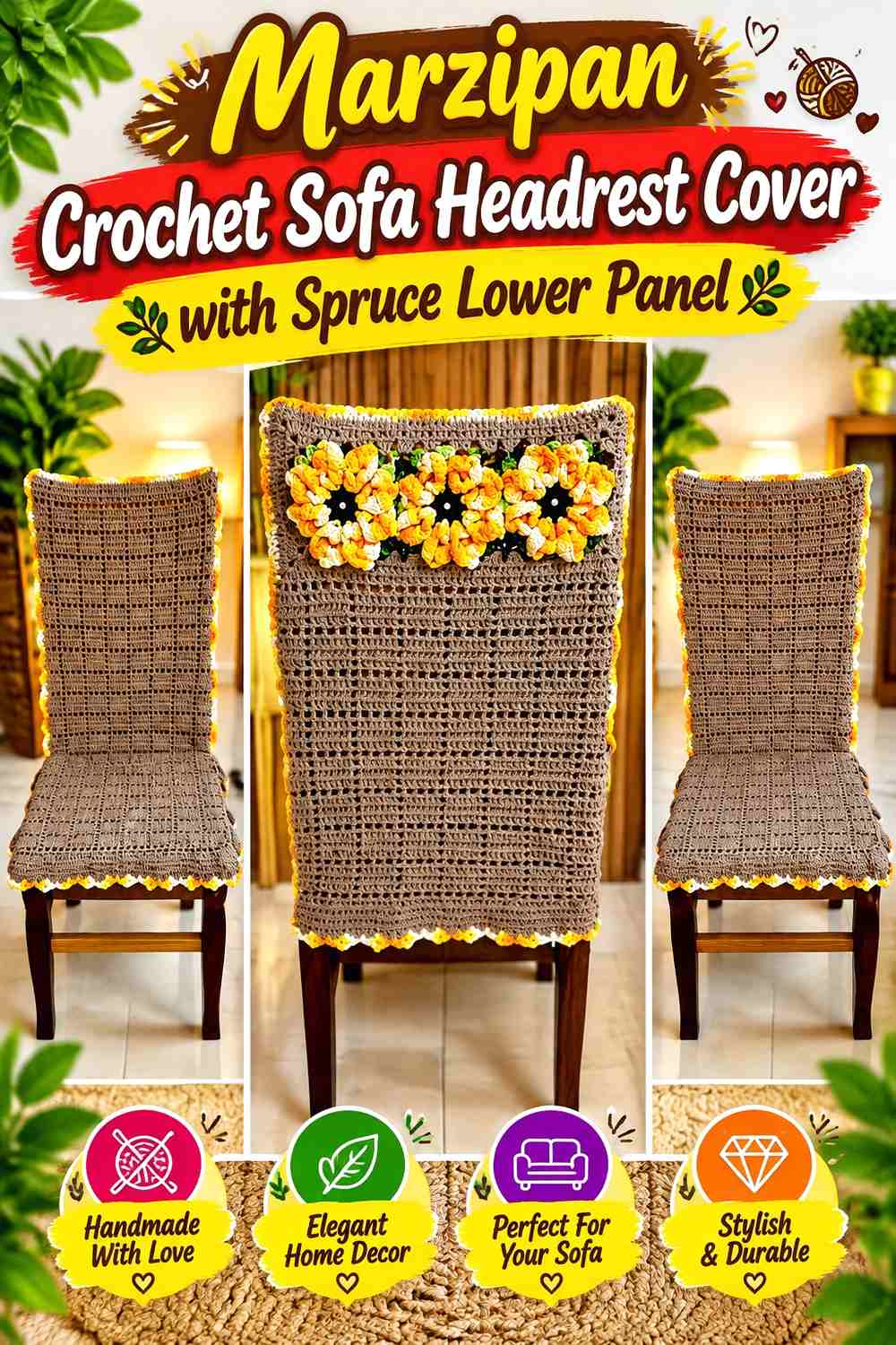 Marzipan Crochet Sofa Headrest Cover with Spruce Lower Panel