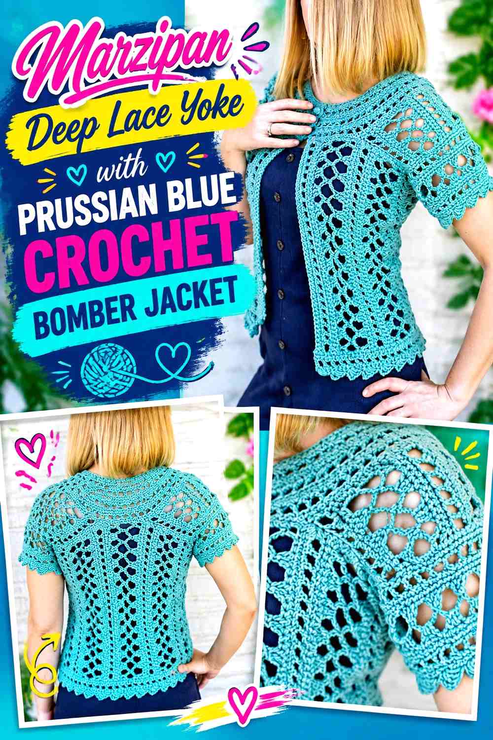 Marzipan Deep Lace Yoke with Prussian Blue Crochet Bomber Jacket