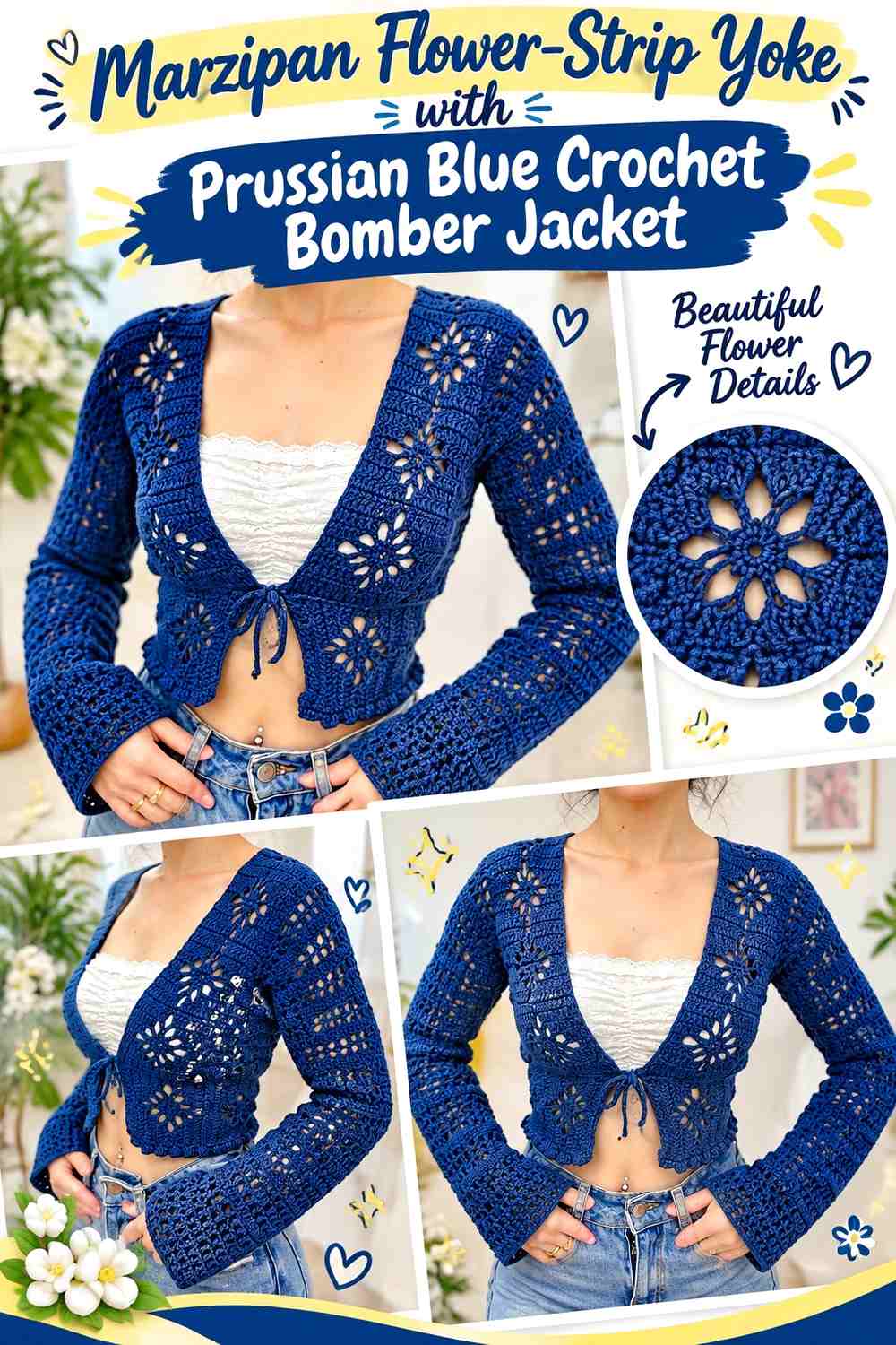 Marzipan Flower-Strip Yoke with Prussian Blue Crochet Bomber Jacket