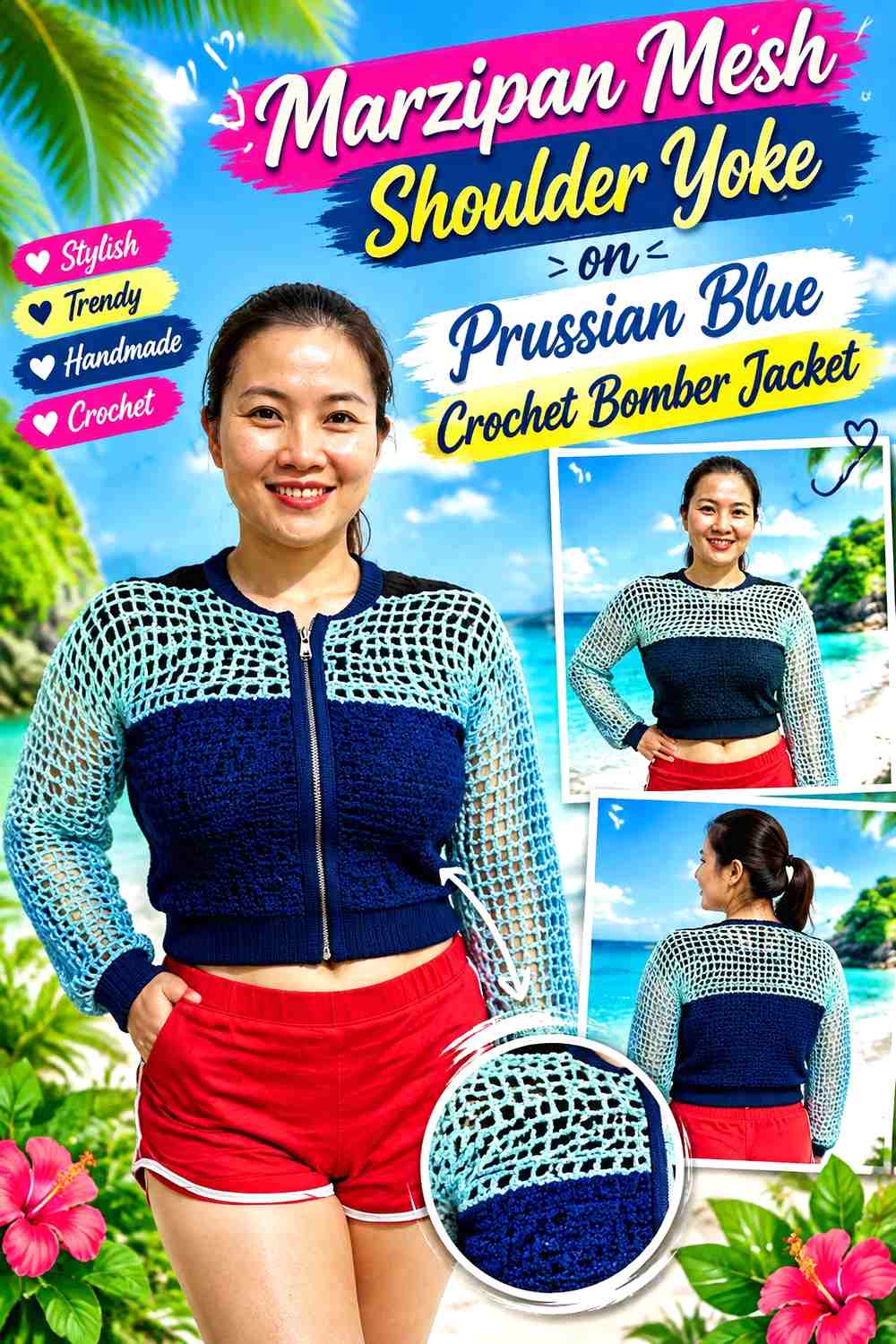 Marzipan Mesh Shoulder Yoke on Prussian Blue Crochet Bomber Jacket