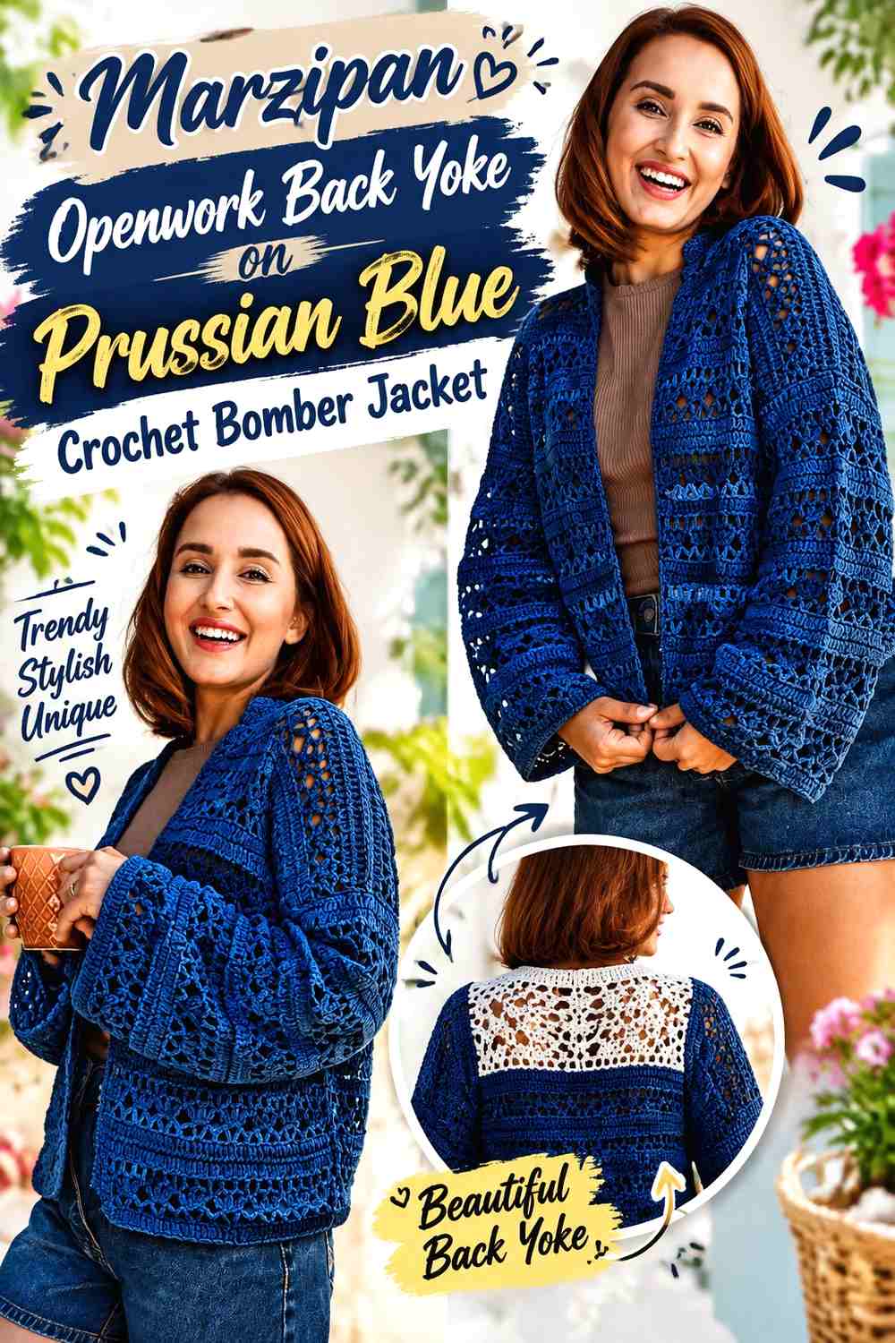 Marzipan Openwork Back Yoke on Prussian Blue Crochet Bomber Jacket