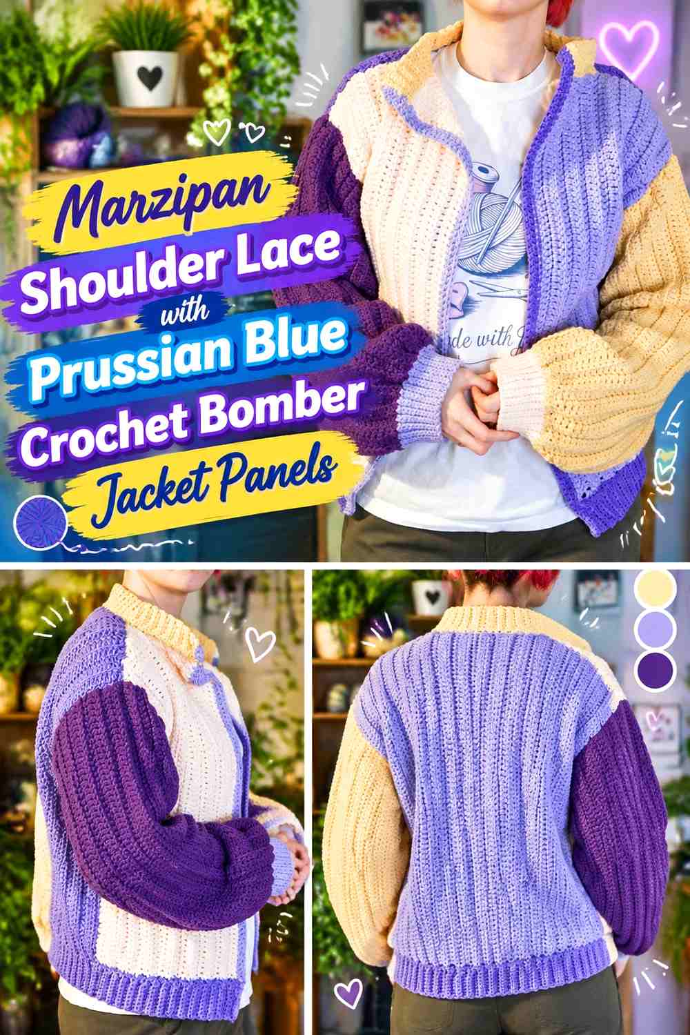 Marzipan Shoulder Lace with Prussian Blue Crochet Bomber Jacket Panels