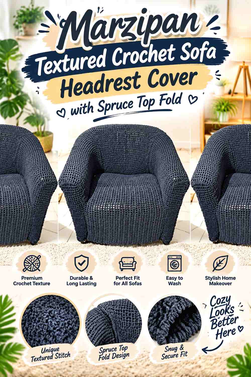 Marzipan Textured Crochet Sofa Headrest Cover with Spruce Top Fold