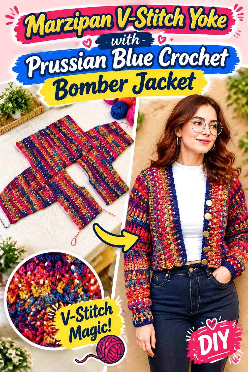 Marzipan V-Stitch Yoke with Prussian Blue Crochet Bomber Jacket