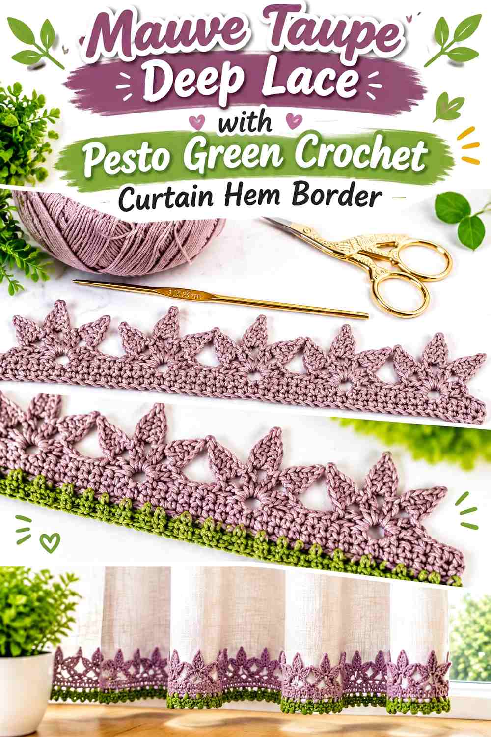 Mauve Taupe Deep Lace with Pesto Green Crochet Curtain Hem Border