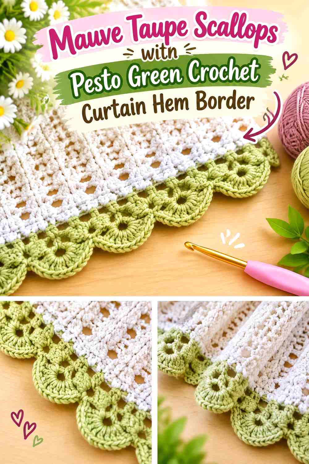 Mauve Taupe Scallops with Pesto Green Crochet Curtain Hem Border