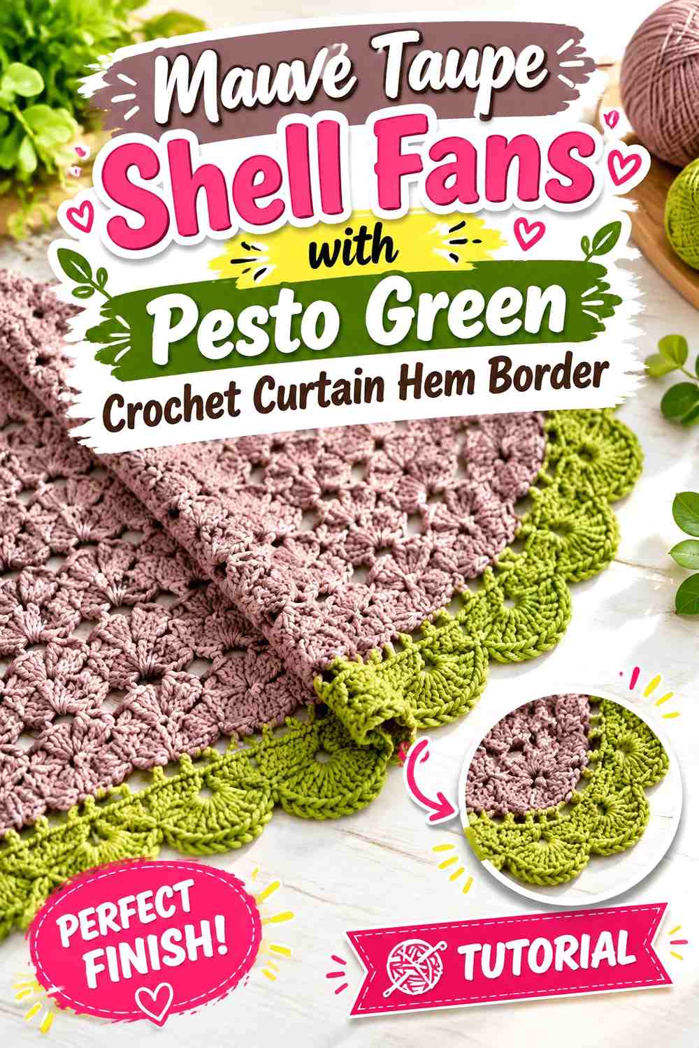 Mauve Taupe Shell Fans with Pesto Green Crochet Curtain Hem Border