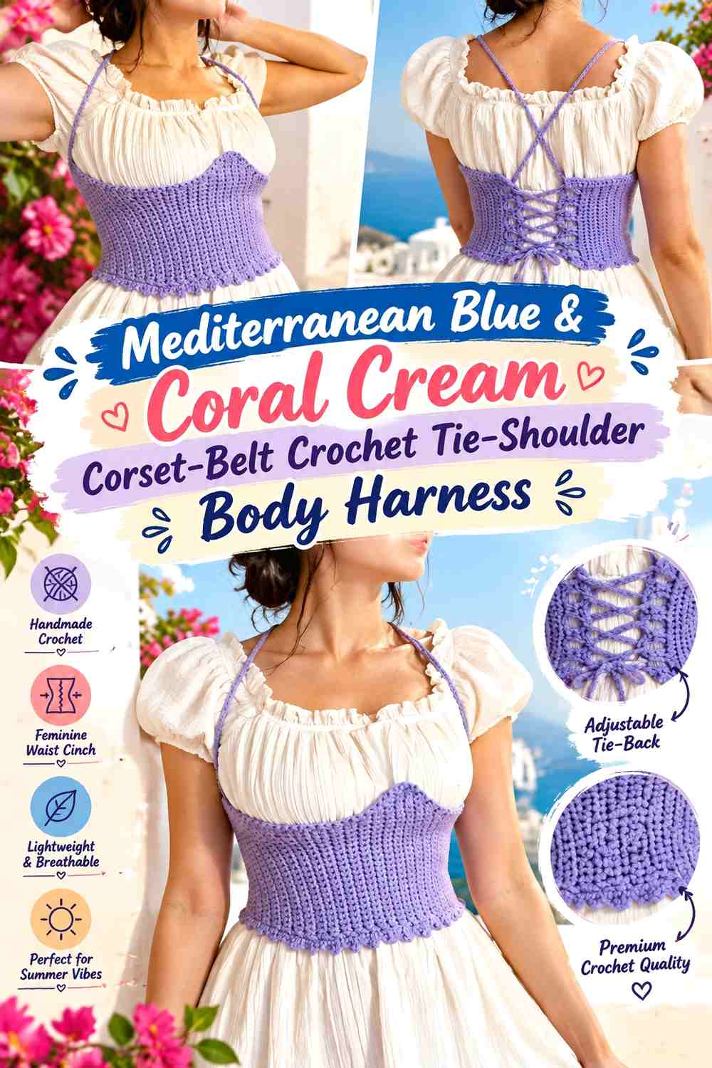 Mediterranean Blue & Coral Cream Corset-Belt Crochet Tie-Shoulder Body Harness