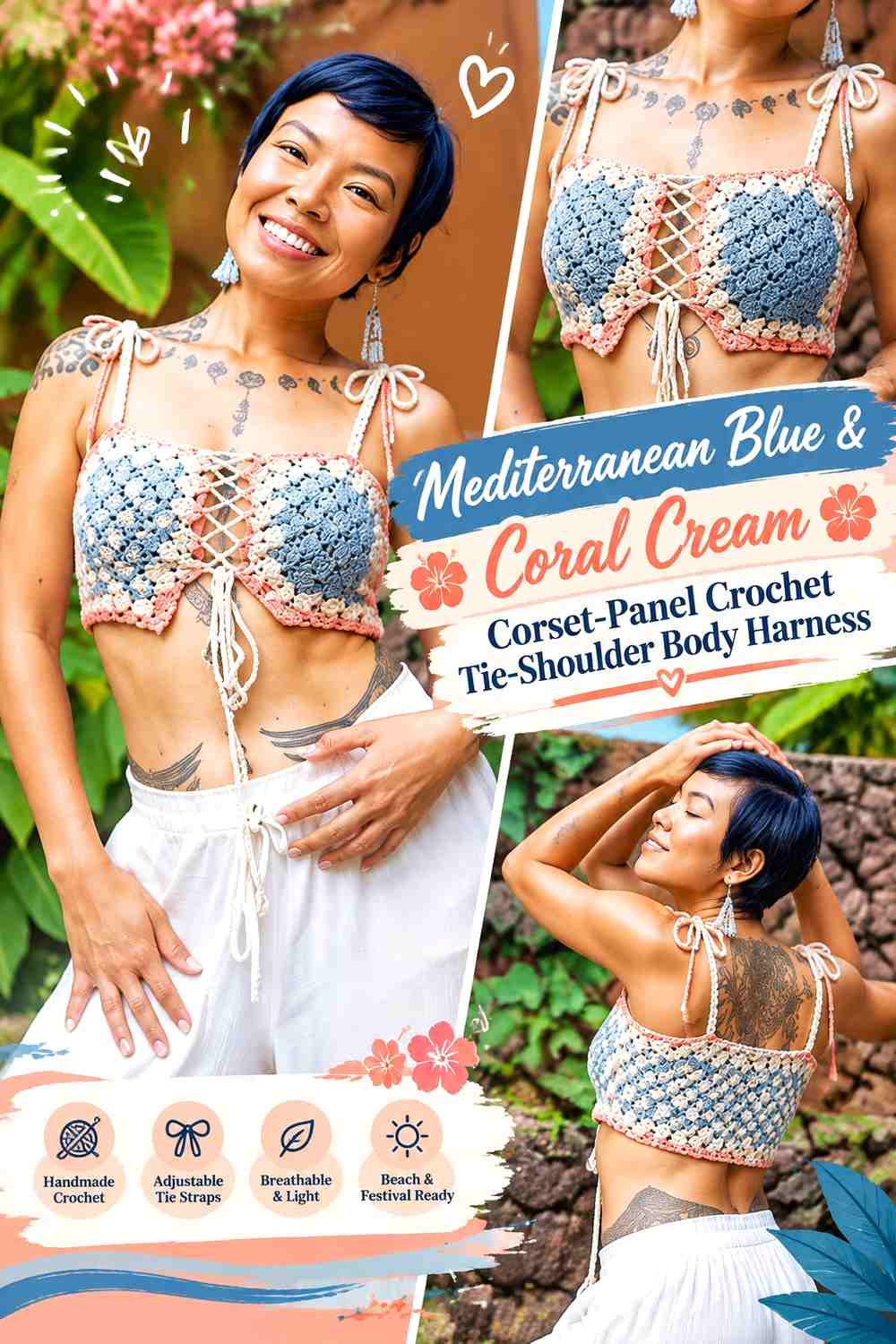 Mediterranean Blue & Coral Cream Corset-Panel Crochet Tie-Shoulder Body Harness