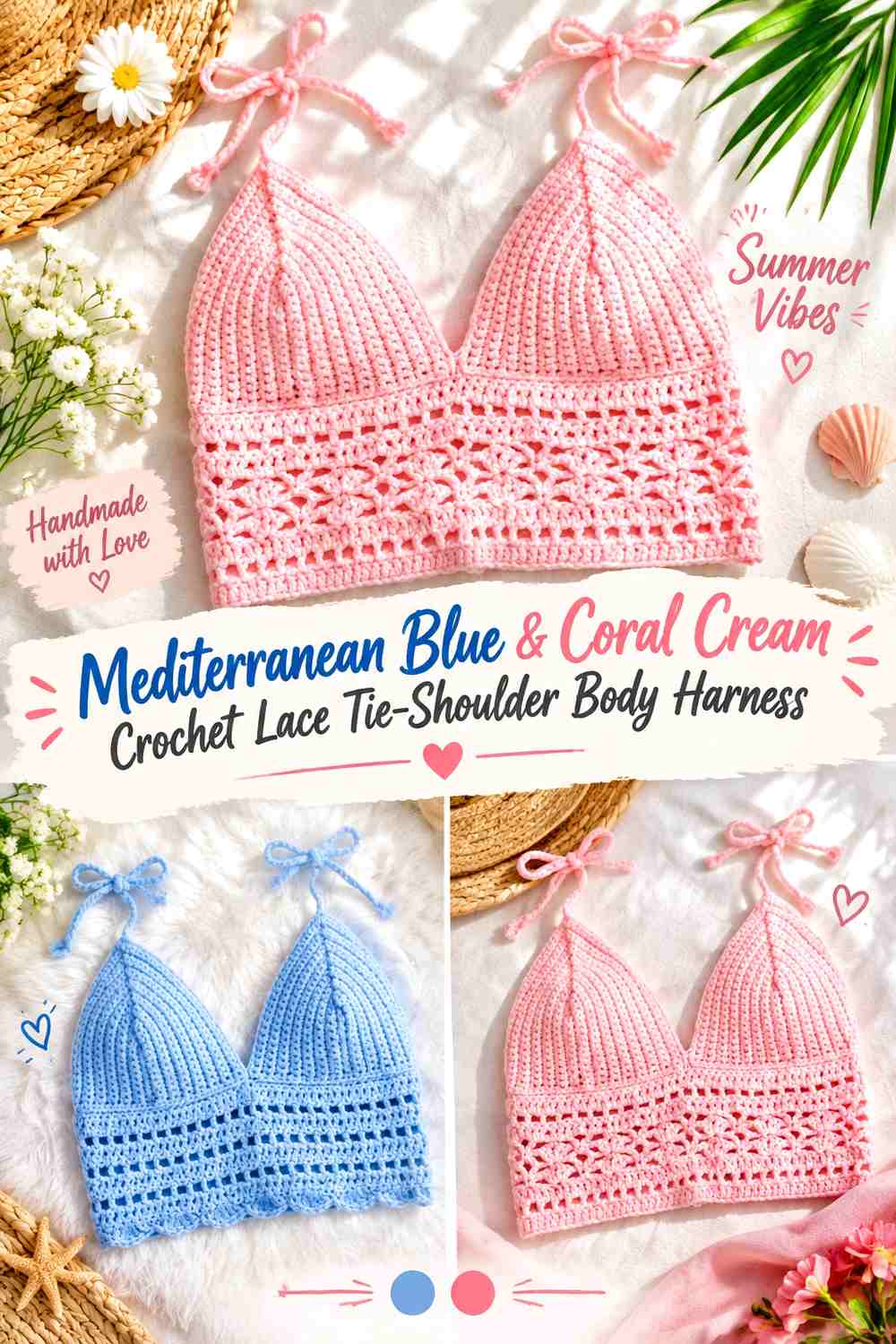 Mediterranean Blue & Coral Cream Crochet Lace Tie-Shoulder Body Harness