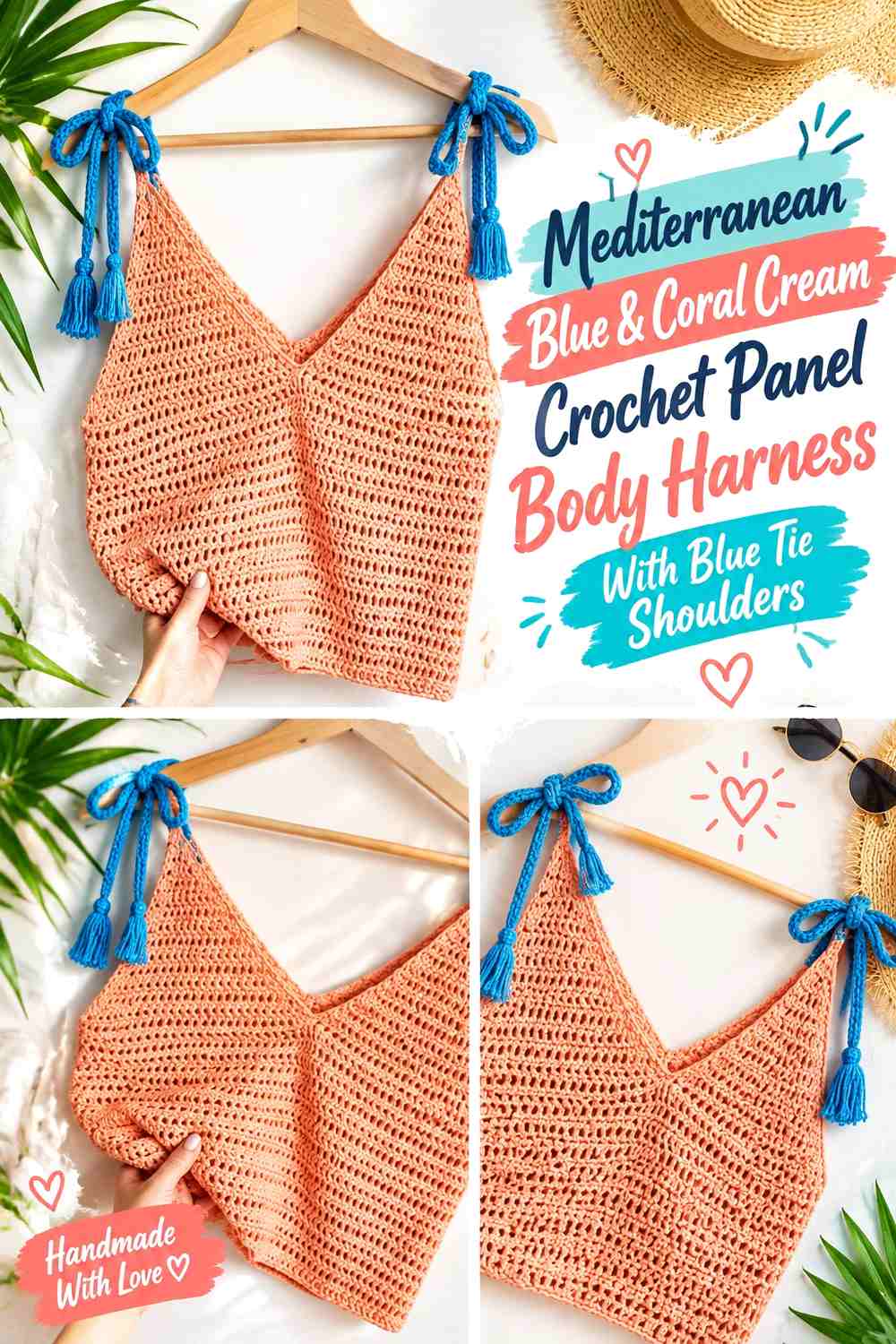 Mediterranean Blue & Coral Cream Crochet Panel Body Harness With Blue Tie Shoulders