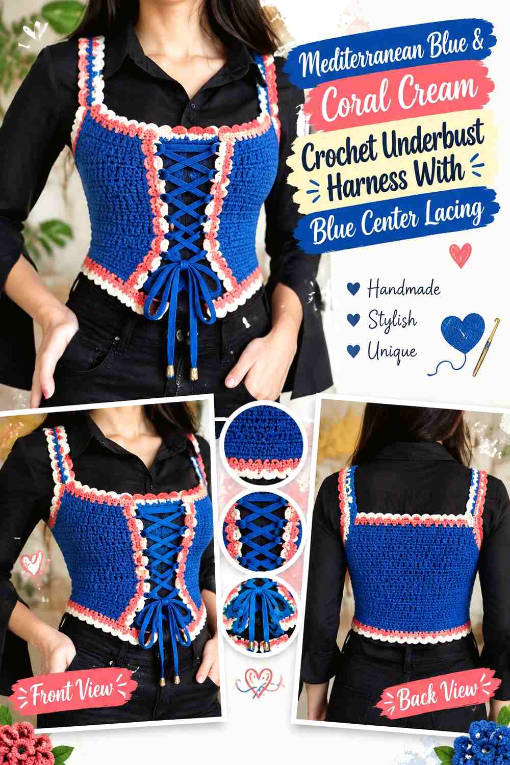 Mediterranean Blue & Coral Cream Crochet Underbust Harness With Blue Center Lacing