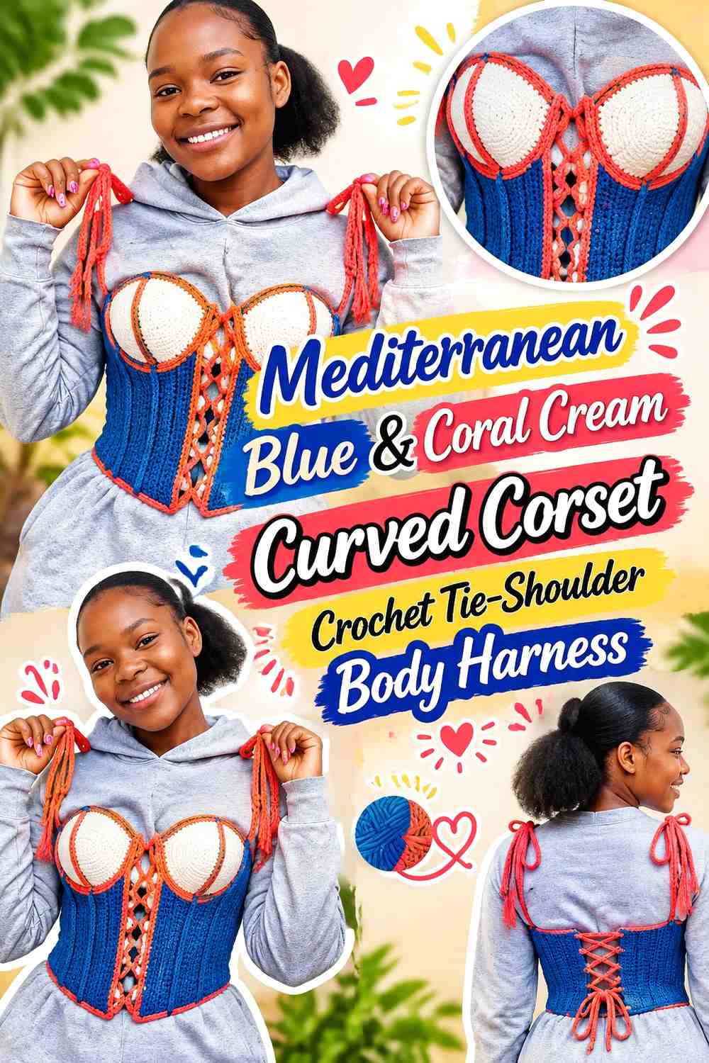 Mediterranean Blue & Coral Cream Curved Corset Crochet Tie-Shoulder Body Harness
